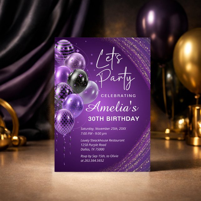 Invitación Purple and Gold Adult Birthday Party (Subido por el creador)