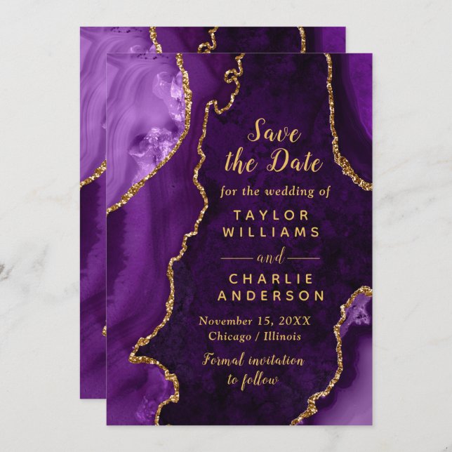 Invitación Purple and Gold Agate Marble Save The Date (Anverso / Reverso)