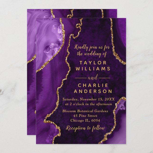Invitación Purple and Gold Agate Marble Wedding (Anverso / Reverso)