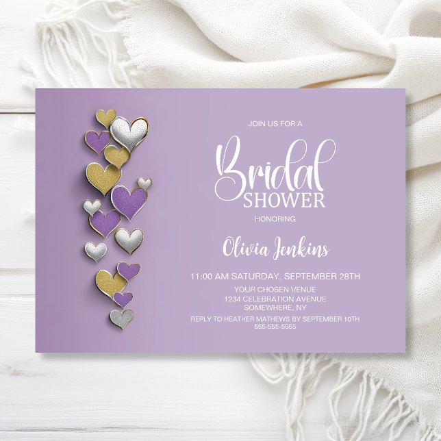 Invitación Purple and Gold Hearts Bridal Shower (Subido por el creador)