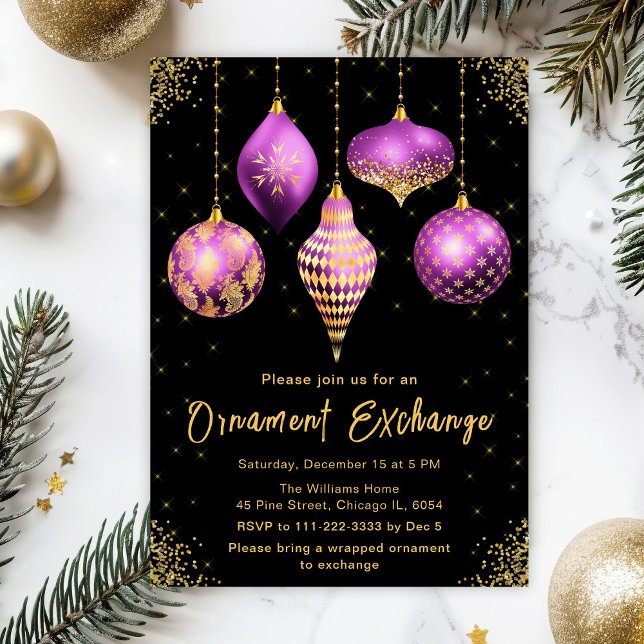 Invitación Purple and Gold Ornament Exchange Party (Subido por el creador)
