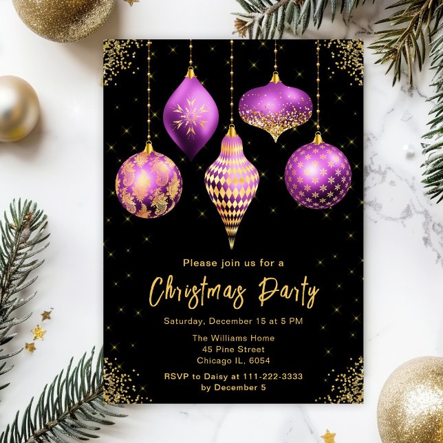 Invitación Purple and Gold Ornaments Christmas Party (Subido por el creador)
