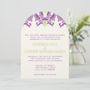 Invitación Purple and Green Damask Wedding Invitation