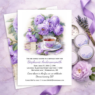Invitación Purple and Lavender Peonies Tea Cup Birthday Party