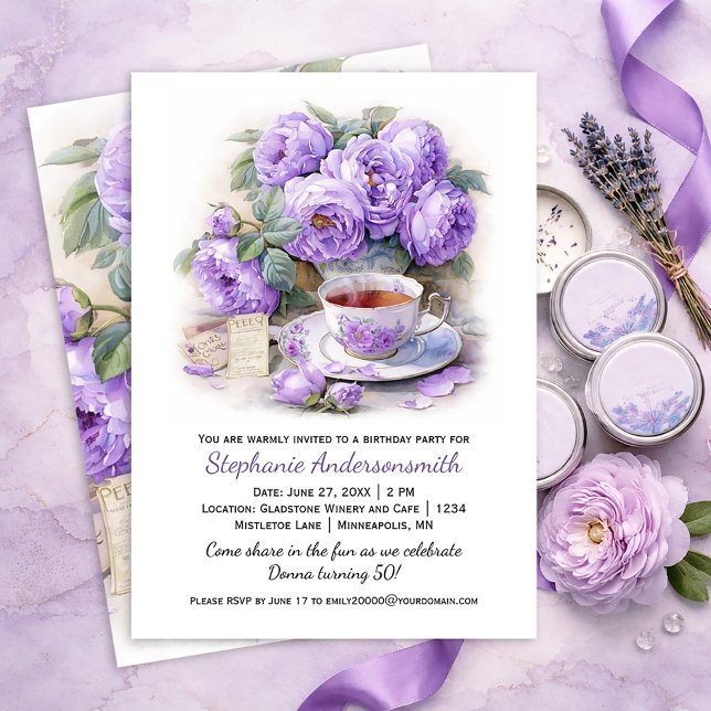 Invitación Purple and Lavender Peonies Tea Cup Birthday Party (Subido por el creador)