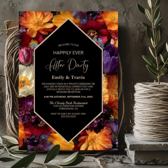 Invitación Purple and Orange Floral Black Wedding After Party (Subido por el creador)