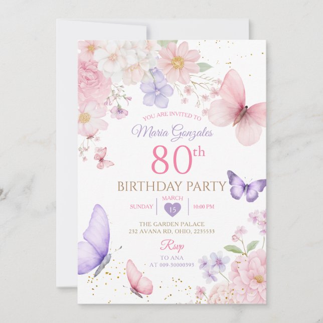 Invitación Purple and Pink Floral Butterfly 80th Birthday (Anverso)