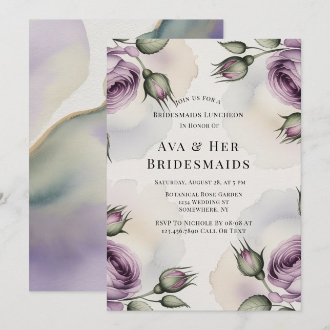 Invitación Purple and Sage Green Roses Bridesmaids Luncheon (Anverso / Reverso)