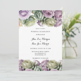 Invitación Purple and Sage Green Roses Painted Wedding