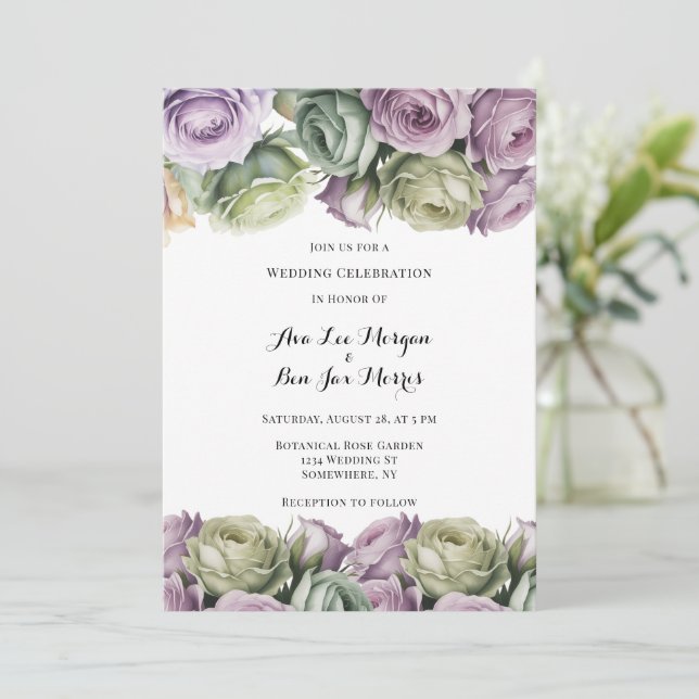 Invitación Purple and Sage Green Roses Painted Wedding (Anverso de pie)