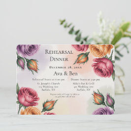 Invitación Purple and Sage Green Roses Rehearsal Dinner
