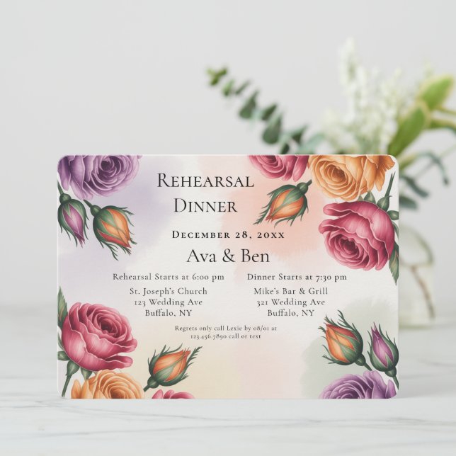 Invitación Purple and Sage Green Roses Rehearsal Dinner (Anverso de pie)