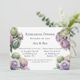 Invitación Purple and Sage Green Roses Rehearsal Dinner