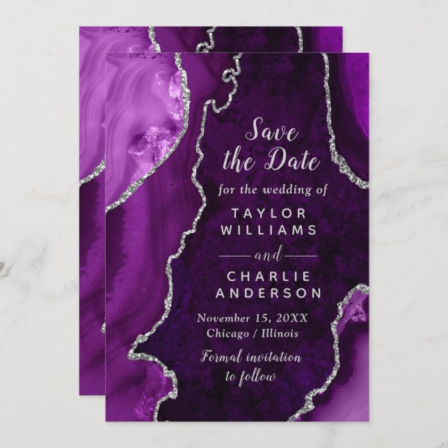 Invitación Purple and Silver Agate Marble Save The Date (Anverso / Reverso)