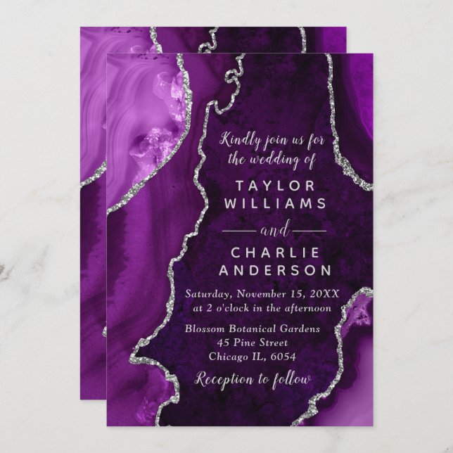 Invitación Purple and Silver Agate Marble Wedding (Anverso / Reverso)