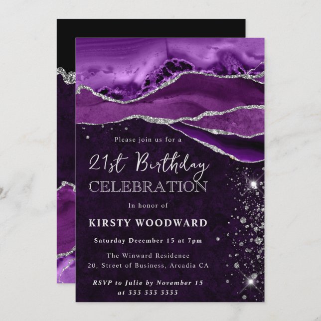 Invitación Purple and Silver Glitter Agate 21st Birthday (Anverso / Reverso)