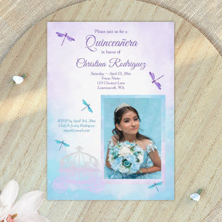 Invitación Purple and Turquoise, Dragonflies Quinceañera