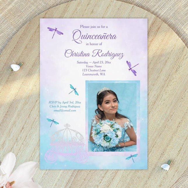 Invitación Purple and Turquoise, Dragonflies Quinceañera (light purple quinceanera invitations)
