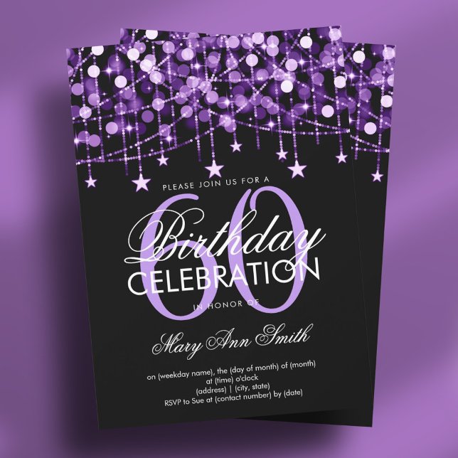 Invitación Purple Any Age Birday String Lights & Stars (Purple Any Age Birthday String Lights & Stars Invitation)