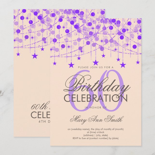 Invitación Purple Any Age Birday String Lights & Stars (Anverso / Reverso)