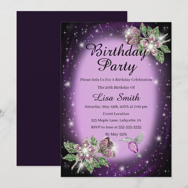 Invitación Purple Any Age Bling Floral Bird Cumpleaños (Anverso / Reverso)