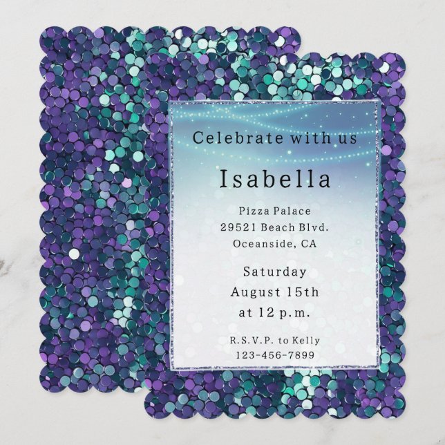 Invitación Purple Aqua Sparkle Glitzy cumpleaños de la sirena (Anverso / Reverso)