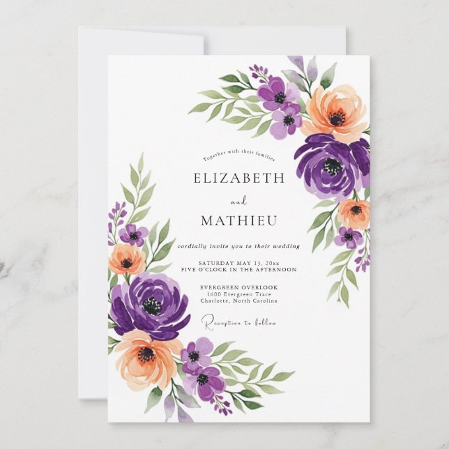 Invitación Purple Artful Botanical Wedding (Anverso)