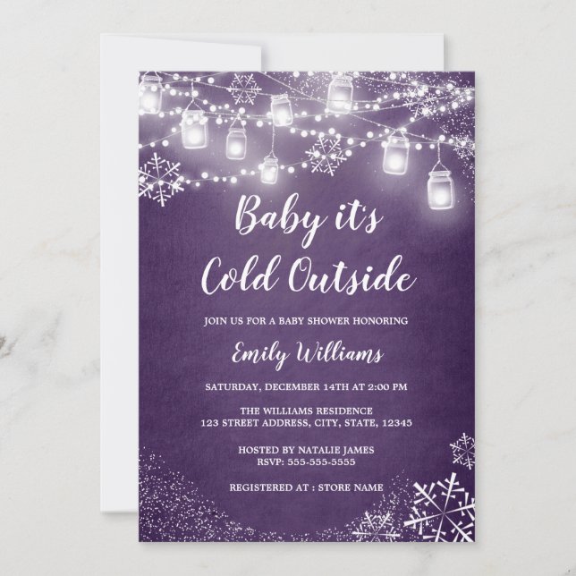 Invitación Purple Baby Shower Baby hace frío fuera del invier (Anverso)