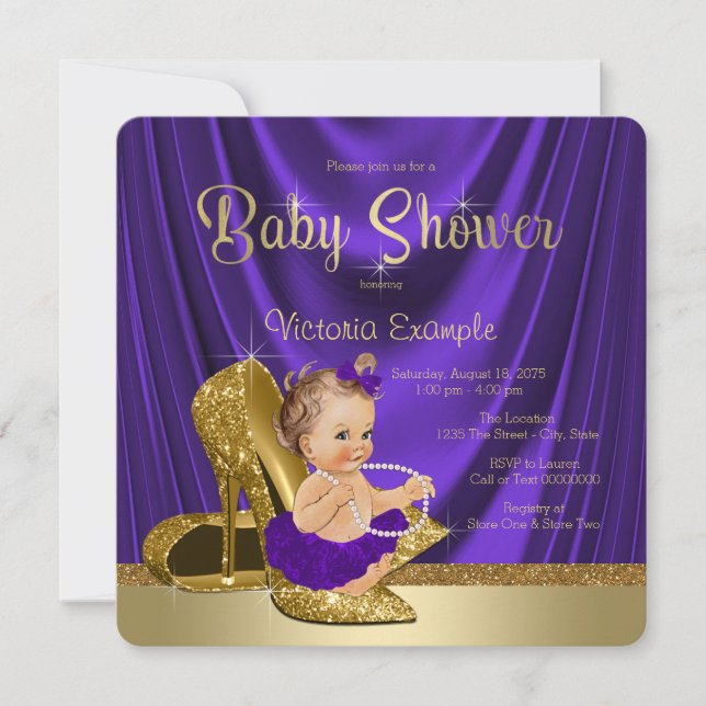 Invitación Purple Ballerina Pearls Gold Shoe Baby Shower (Anverso)