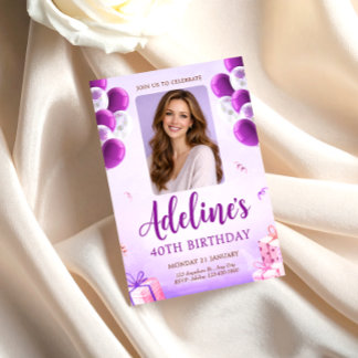 Invitación Purple Balloon Photo 40th Birthday for Women