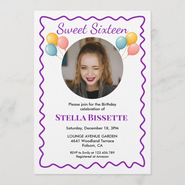 Invitación Purple Balloons Photo Sweet Sixteen Birthday  (Anverso)