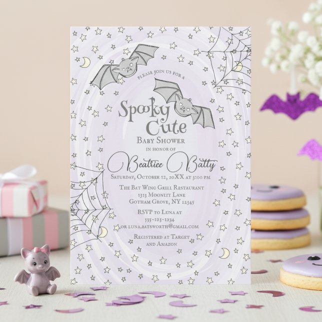 Invitación Purple Bats Spooky Cute Baby Shower (Spooky Cute Baby Bats Halloween Baby Shower. Baby Bats, Webs, Stars & Moons. Girly Watercolor Purple)