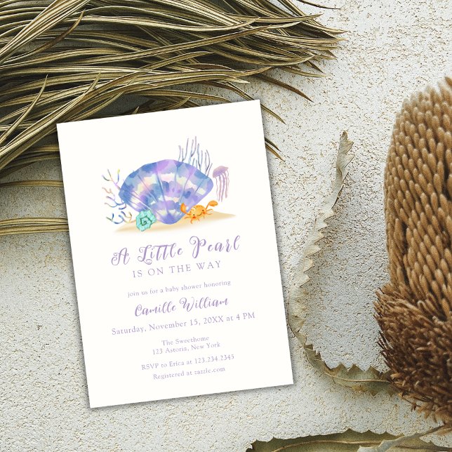 Invitación Purple Beach Ocean Little Pearl Chica Baby Shower (Purple Beach Ocean Little Pearl Girl Baby Shower Invitation)