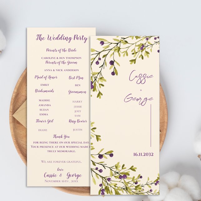 Invitación Purple Berry & Greenery Wedding Program Card (Purple Berry & Greenery Wedding Program Card)