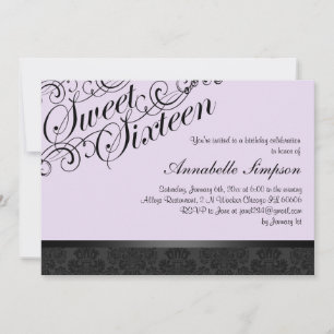 Invitación Purple & Black Chic Damask Sweet16