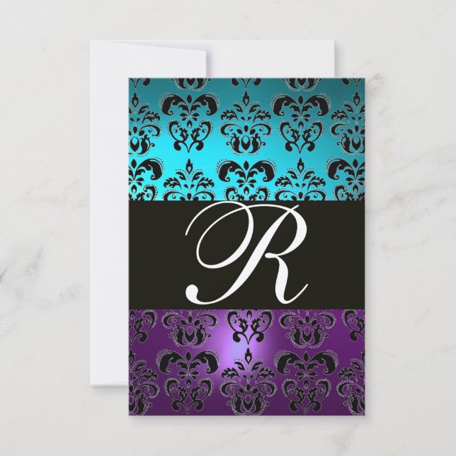 Invitación PURPLE BLACK DAMASK MONOGRAM RSVP ,turquesa azul (Anverso)