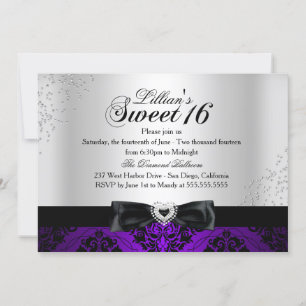 Invitación Purple Black Damask Sparkle Sweet 16