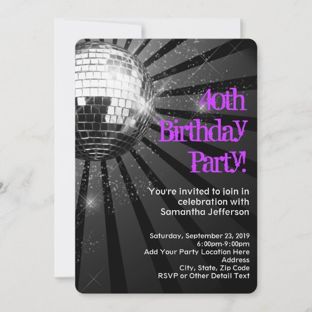 Invitación Purple/Black Disco Ball 40 cumpleaños Fiesta (Anverso)