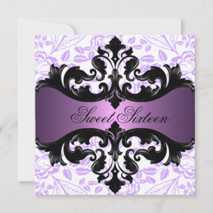 Invitación Purple & Black Floral Damask Birthday Invitation