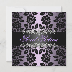 Invitación Purple & Black Floral Sweet 16 Birthday Invitation