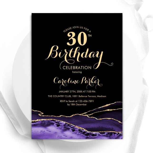 Invitación Purple Black Gold Agate 30 cumpleaños (Subido por el creador)