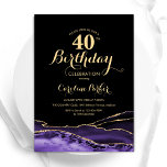 Invitación Purple Black Gold Agate 40 cumpleaños<br><div class="desc">Púrpura, negra y dorada agaron la invitación a la fiesta de cumpleaños número 40. Elegante diseño moderno con fondo geodésico de mármol agate acuarela, oro falso purpurina y tipografía de escritura. La carta de invitación de moda es perfecta para una elegante celebración del cumpleaños de las mujeres. Invitaciones Zazzle impresas...</div>