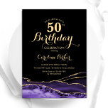 Invitación Purple Black Gold Agate 50 cumpleaños<br><div class="desc">Púrpura, negra y dorada agan la invitación de la fiesta de 50 años. Elegante diseño moderno con fondo geodésico de mármol agate acuarela, oro falso purpurina y tipografía de escritura. La carta de invitación de moda es perfecta para una elegante celebración del cumpleaños de las mujeres. Invitaciones Zazzle impresas o...</div>