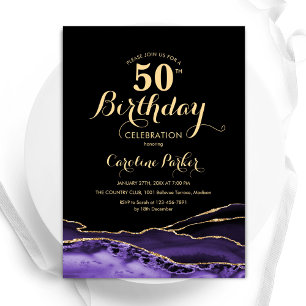 Invitación Purple Black Gold Agate 50 cumpleaños