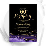 Invitación Purple Black Gold Agate 60 cumpleaños<br><div class="desc">Púrpura, negra y dorada agaron la invitación a la fiesta de cumpleaños número 60. Elegante diseño moderno con fondo geodésico de mármol agate acuarela, oro falso purpurina y tipografía de escritura. La carta de invitación de moda es perfecta para una elegante celebración del cumpleaños de las mujeres. Invitaciones Zazzle impresas...</div>