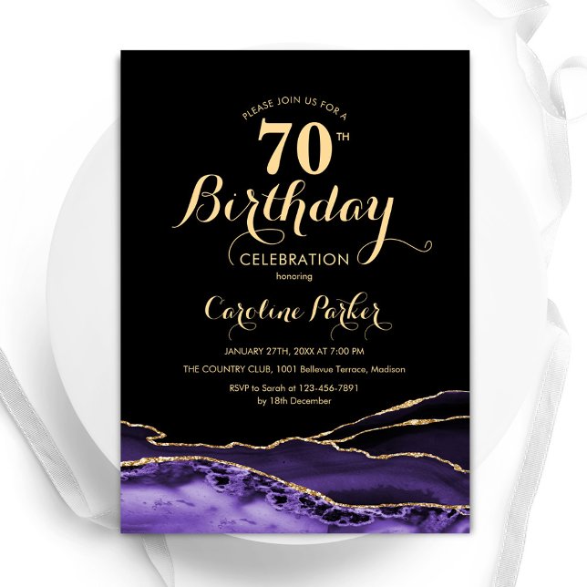 Invitación Purple Black Gold Agate 70 cumpleaños (Subido por el creador)