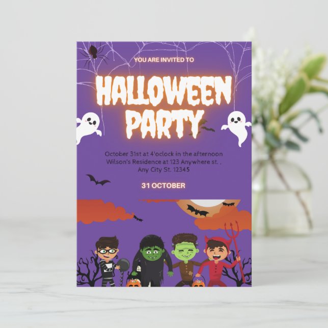 Invitación Purple & Black Halloween Party Invitation (Anverso de pie)