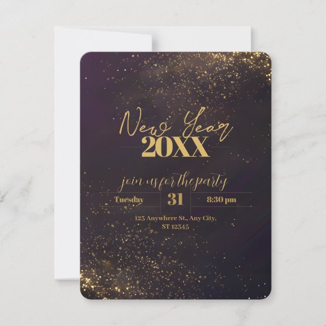 Invitación Purple Black Ombré Golden Sparkles Luxury New Year (Anverso)