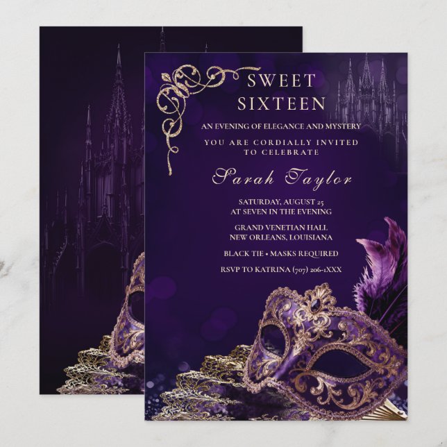 Invitación Purple Black Sweet 16 Masquerade Elegant Venetian (Anverso / Reverso)
