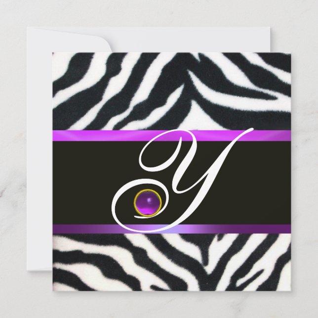Invitación PURPLE BLANCO NEGRO ZEBRA FUR MONOGRAM ,amethyst (Anverso)